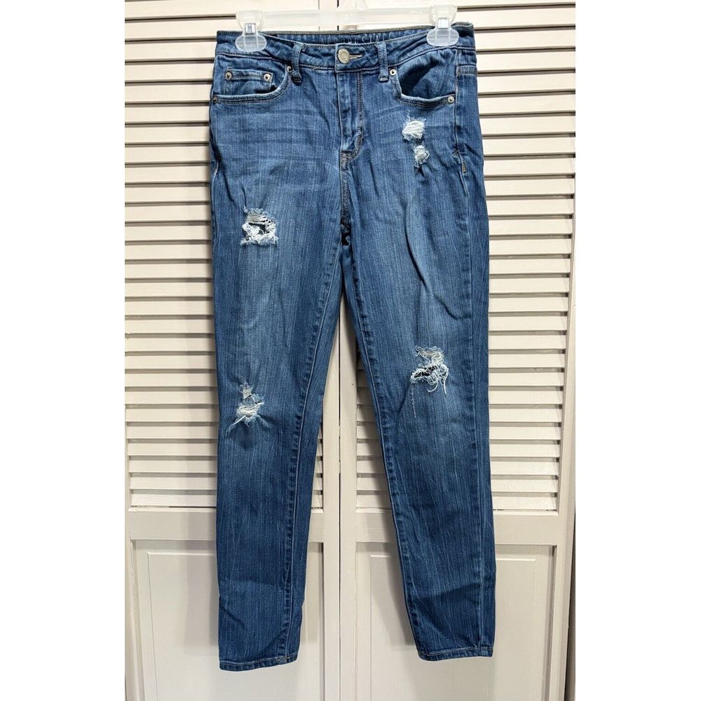 Aeropostale Skinny Med Wash Jeans Mid Rise Size 4R Logo Distressed Zip‎